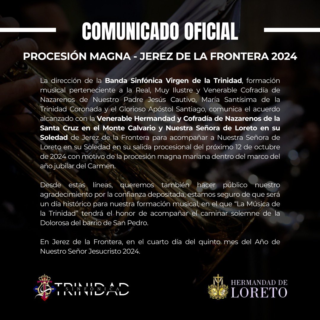 📢 La @Banda_Trinidad acompañará a la Virgen de Loreto (@HermandadLoreto) en la Procesión Magna que se celebrará en Jerez el próximo mes de Octubre. #CofradíasMLG