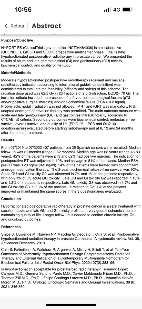 @fcounago presents additional data supporting hypofractionated prostate bed radiotherapy after biochemical relapse. 

NCT04484038
407 pts phase II non randomized trial
62.5Gy in 25 fx 
No pelvic RT
54% concurrent ADT

Excellent PSA control and very low toxicity

#ESTRO24