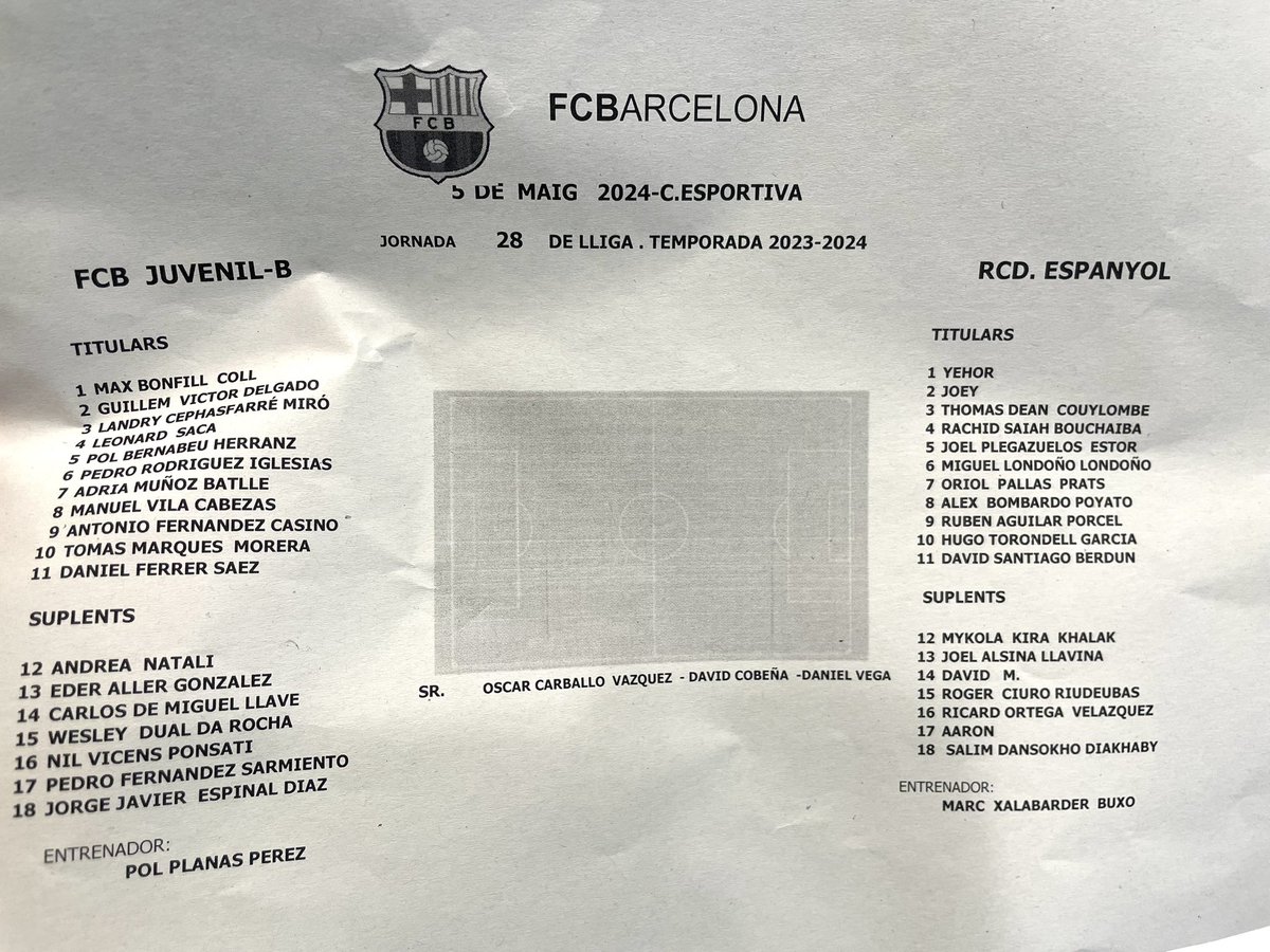 🚨 La composition des Juvenils B 🆚 le RCD Espanyol ⏰ 12 H (non retransmis). 🔸 Landry Farré à nouveau en position de défenseur central. 🔸 Les Cadets dans le 11 : Pol Bernabéu, Pedro Rodríguez [@noeliadeniz ]