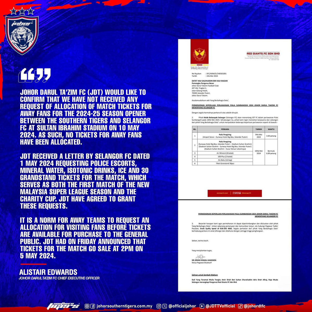 Johor Darul Ta'zim FC (JDT) would like to confirm that we have not received any request of allocation of match tickets for away fans for the 2024-25 season opener between the Southern Tigers and Selangor FC at Sultan Ibrahim Stadium on 10 May 2024. As such, no tickets for away…