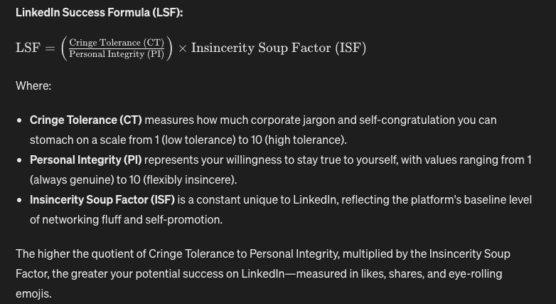 johnfwillcocks's tweet photo. @daniel_nguyenx :-) If we assume ISF is a constant 100. I think you need an overall score of at least 85 to make it on Linkedin. https://t.co/TgePiqu8Zf