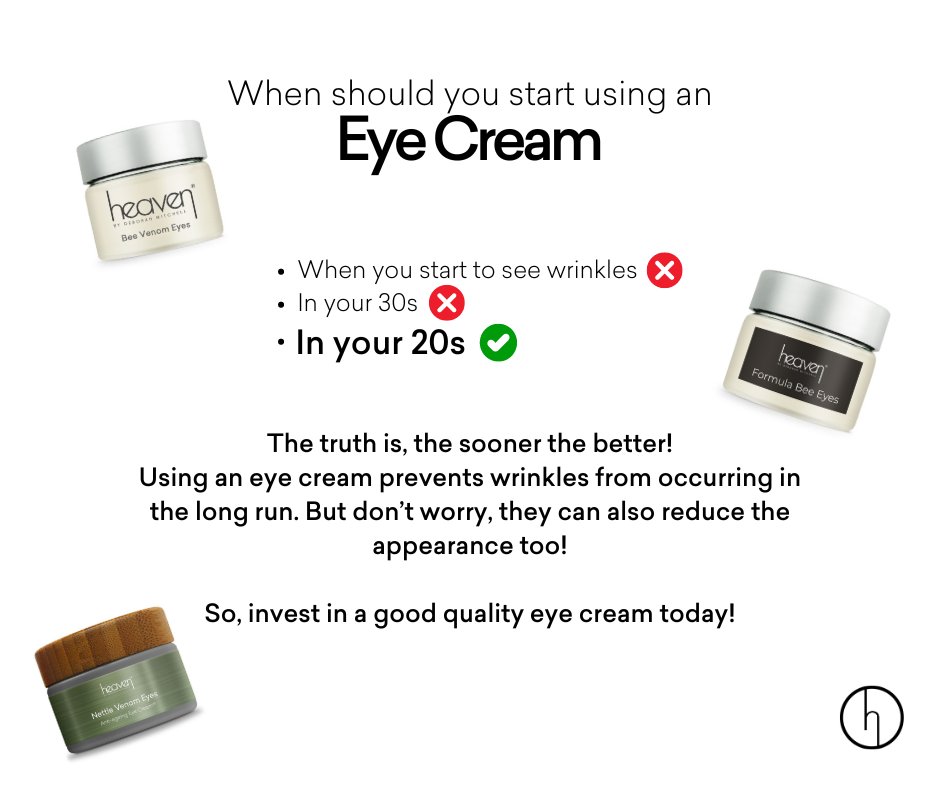 When to start using an Eye Cream... 🕰️ The sooner the better!! Eye Creams can prevent wrinkles from occurring in the long run. However, they can also reduce the appearance of fine lines too.

Shop Heaven's Eye Creams: shop.heavenskincare.com/products/eyes.…

#HeavenSkincare #EyeCream #skintips