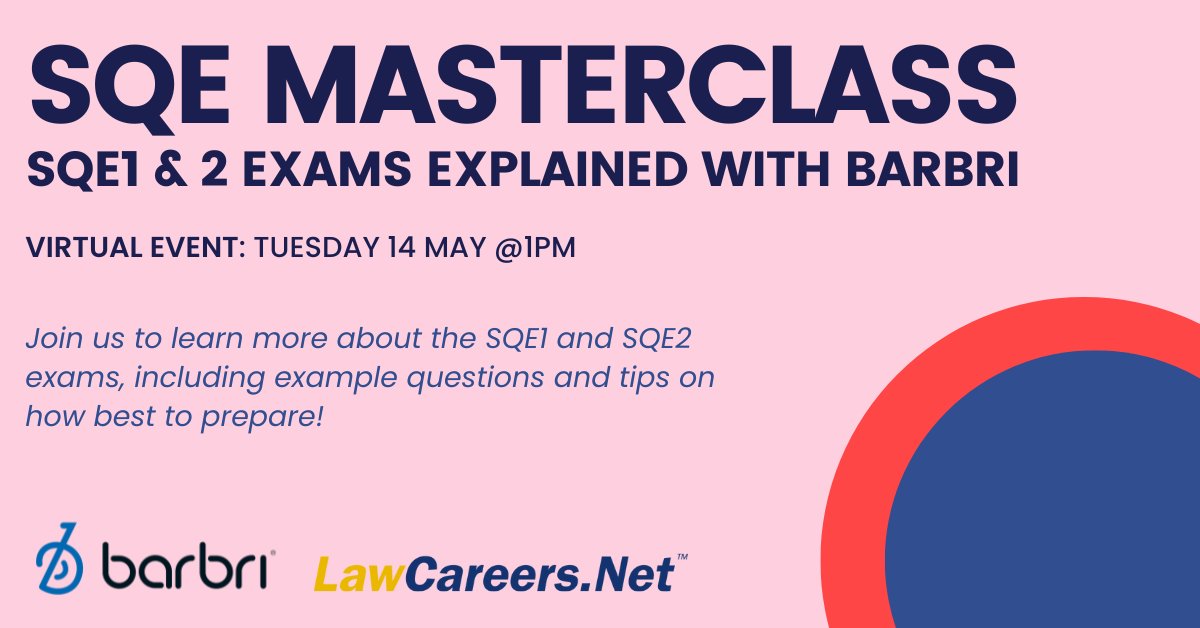We're looking forward to our upcoming masterclass on Tuesday 14 May where @BarbriSqe will be covering everything you need to know about passing the SQE1 and 2 exams!

REGISTER FOR FREE: ow.ly/W1B450RhT3Q