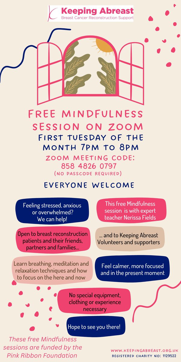Quick reminder about the next free Mindfulness For All session on Zoom on Tuesday 7th May from 7pm to 8pm. No experience necessary, all welcome - hope to see you there! #mindfulness #destress #breastcancerreconstructionsupport