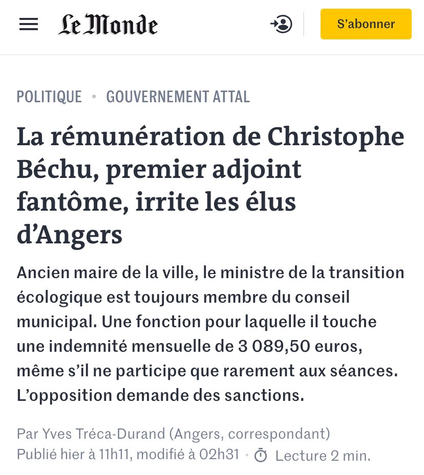 Les contribuables d’Angers payent Christophe Béchu qui n’en a vraiment pas besoin 3000€ par mois à ne rien faire.
Les vrais parasites sont en costard…
lemonde.fr/politique/arti…