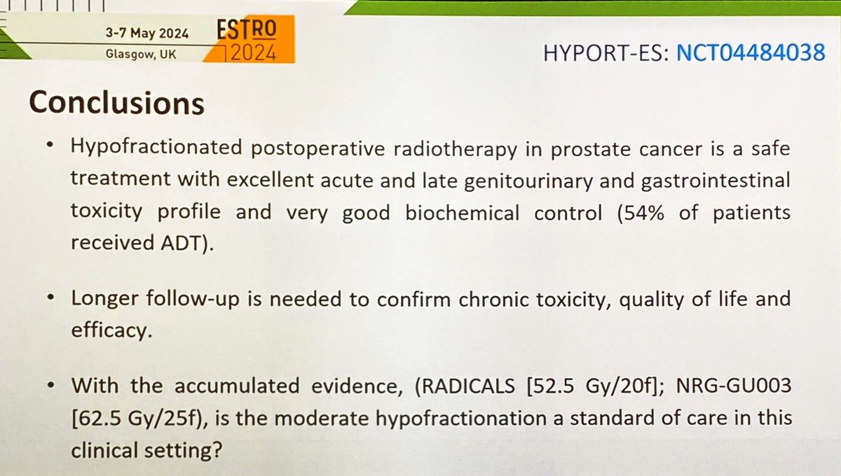 @fcounago presenting the HYPORT-ES trial #ESTRO24 🔸407 pts, 27 Spanish centers 🔸mostly salvage RT 62.5Gy in 25 sessions 🔸very low toxicity rates: GU2+ 12.6% and GI2+ 2%. 🔹 in addition to the RADICALS, NRG-GU0003 is hypo the new SOC?