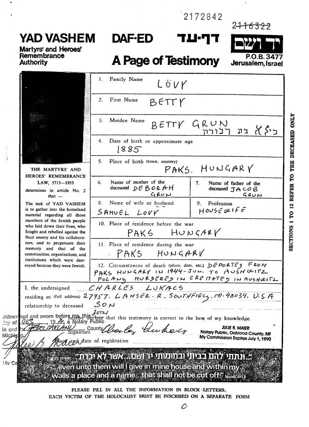 On #YomHashoah, I think of my great-grandmother Betty Lövy. In 1944, she was deported from Paks, Hungary, forced onto a train, and murdered in Auschwitz. My grandfather told me of her quiet faith and strength. Here is her @yadvashem Page of Testimony. collections.yadvashem.org/en/names/13928…