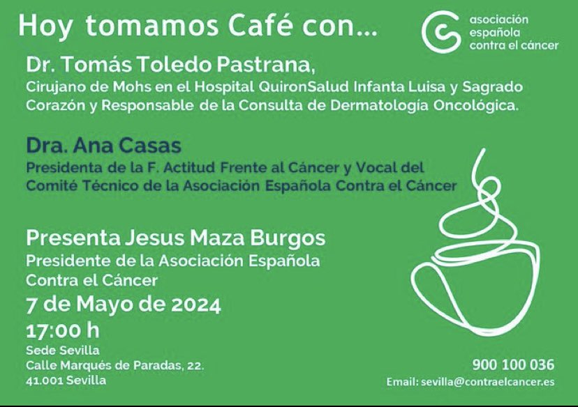 ✅ Nuestro mayor interés es prevenir el Cáncer para su Curación ✅ El Cáncer de Piel es un claro ejemplo que podemos lograrlo ✅ Y es muy importante. Puede llegar a ser mortal Ven a nuestra sesión ⏰ 7 de Mayo @ContraCancerSEV con #DrTomasToledo @quironsalud @actitud_cancer