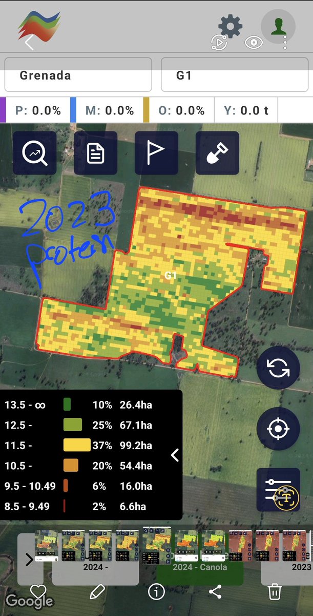 And then there is this.... Different rates of urea were from 2 different canola varieties in 2022 (diff yield and protein), urea spread based on protein, it evened up the areas but not quite enough, but this year's map will continue to fix the difference in nitrogen there.