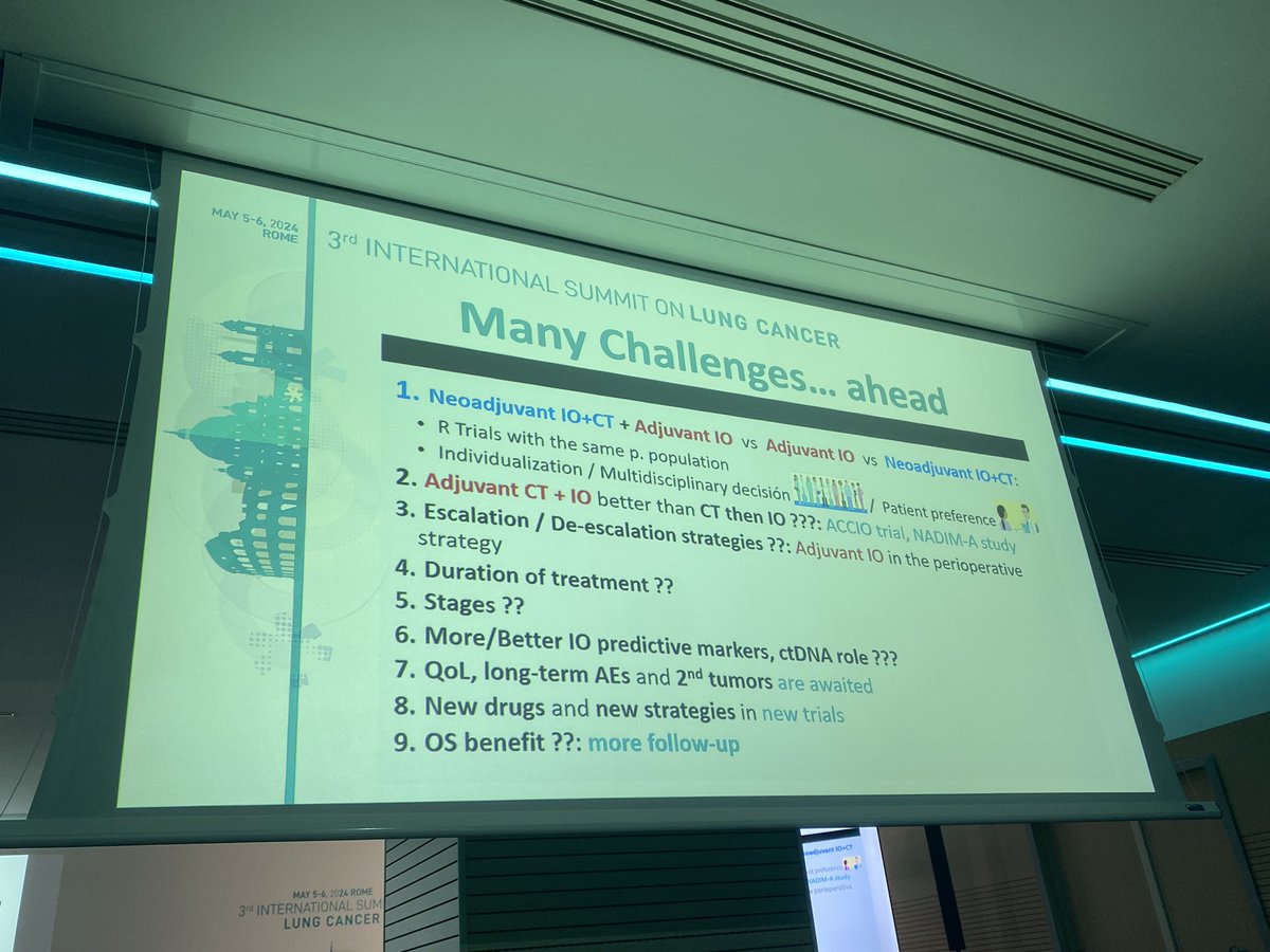 #RomeLung24 Superb discussion on future directions for adjuvant IO in nsclc by @isla_dolores, important challenges to address: - long term toxicity of IO - pt selection by stage + PDL1 - new biomarkers @OncoAlert #LCSM