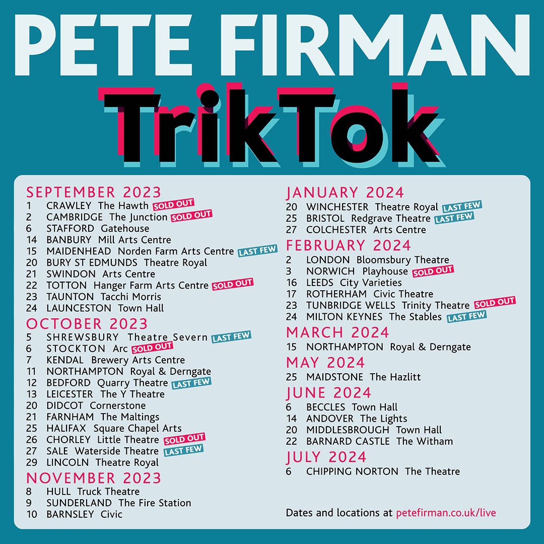 Curious minds can see me doing puzzly, magicy, illusiony stuff on tour. Dates coming up soon in MAIDSTONE, BECCLES, ANDOVER, MIDDLESBROUGH, BARNARD CASTLE, CHIPPING NORTON and DARLINGTON. Loads more after that. All info here petefirman.co.uk/live