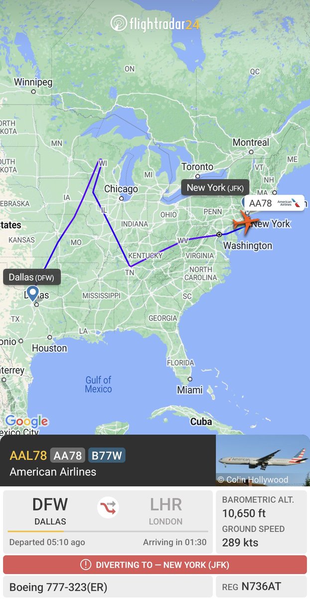 American Airlines flight #AA78 from Dallas to London is diverting to New York . Reason is currently unknown. fr24.com/AAL78/3512170c