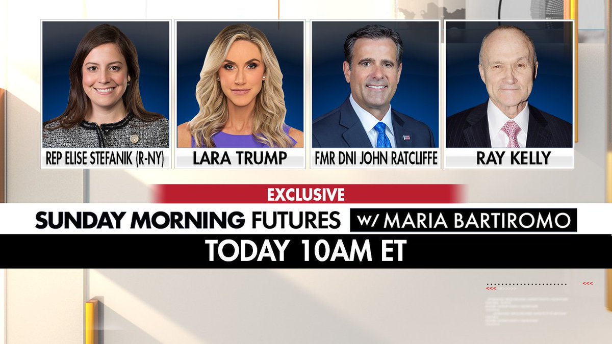 Breaking news this morning on @SundayFutures with @MariaBartiromo at 10am eastern on @FoxNews. Exclusive interviews with House GOP Conference Chair @RepStefanik, RNC Co-Chair @LaraLeaTrump, Former DNI @JohnRatcliffe and Former NYC Police Commissioner Ray Kelly.