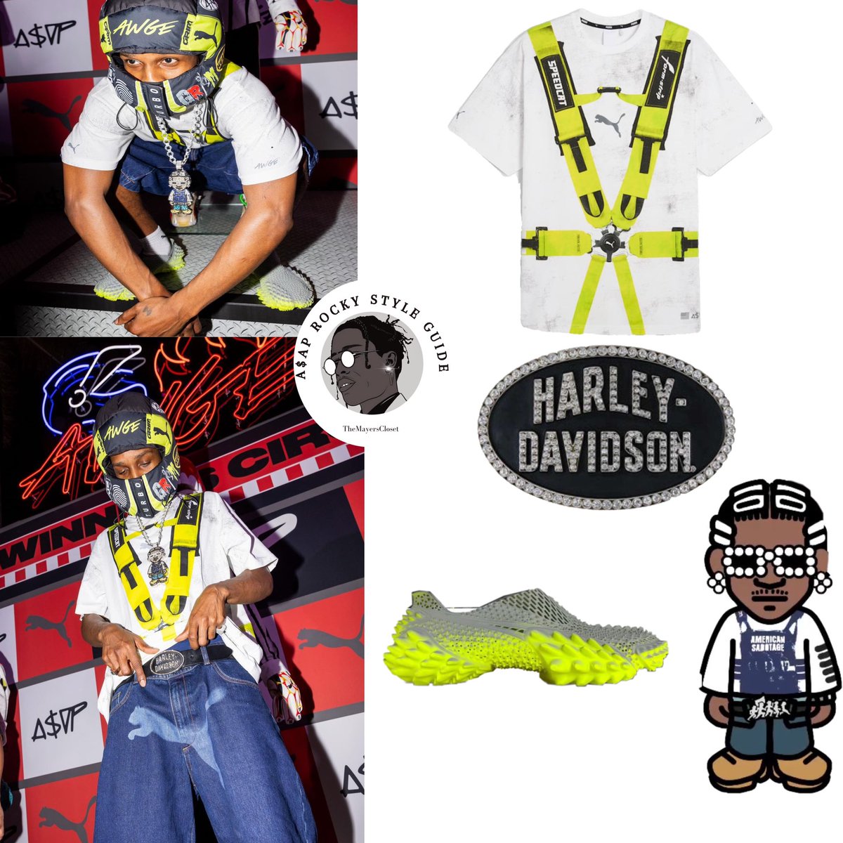 May 4,2024 A$AP Rocky At His Puma Pop Up Launch In Miami Wearing A$AP Rocky X Puma Padded Balaclava Chain Designed By IAN HUNG A$AP Rocky X Puma Seatbelt Tee (White-Lime Pow) Unreleased A$AP Rocky X Puma Shorts Harley-Davidson Marquee Embellished Belt PUMA - 3d Uni Mostro