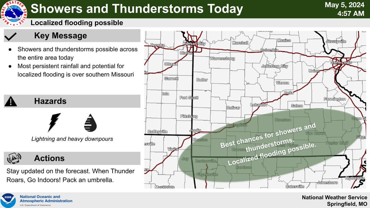 Showers and thunderstorms are possible across the entire area today. The most persistent rainfall and potential for localized flooding is over southern Missouri.