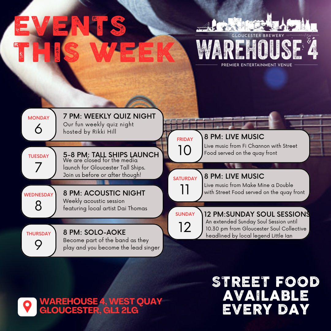 '🍻☀️ Join us this week at Warehouse 4 for a lineup of fun: Mon Quiz Night, Wed Acoustic Music, Thu Solo-aoke, Fri Live Music with Fi Channon, Sat Make Mine a Double & DJs, Sun Sunday Soul Sessions! Good vibes & great drinks await! 🎶🎤 #Gloucester #Taproom'