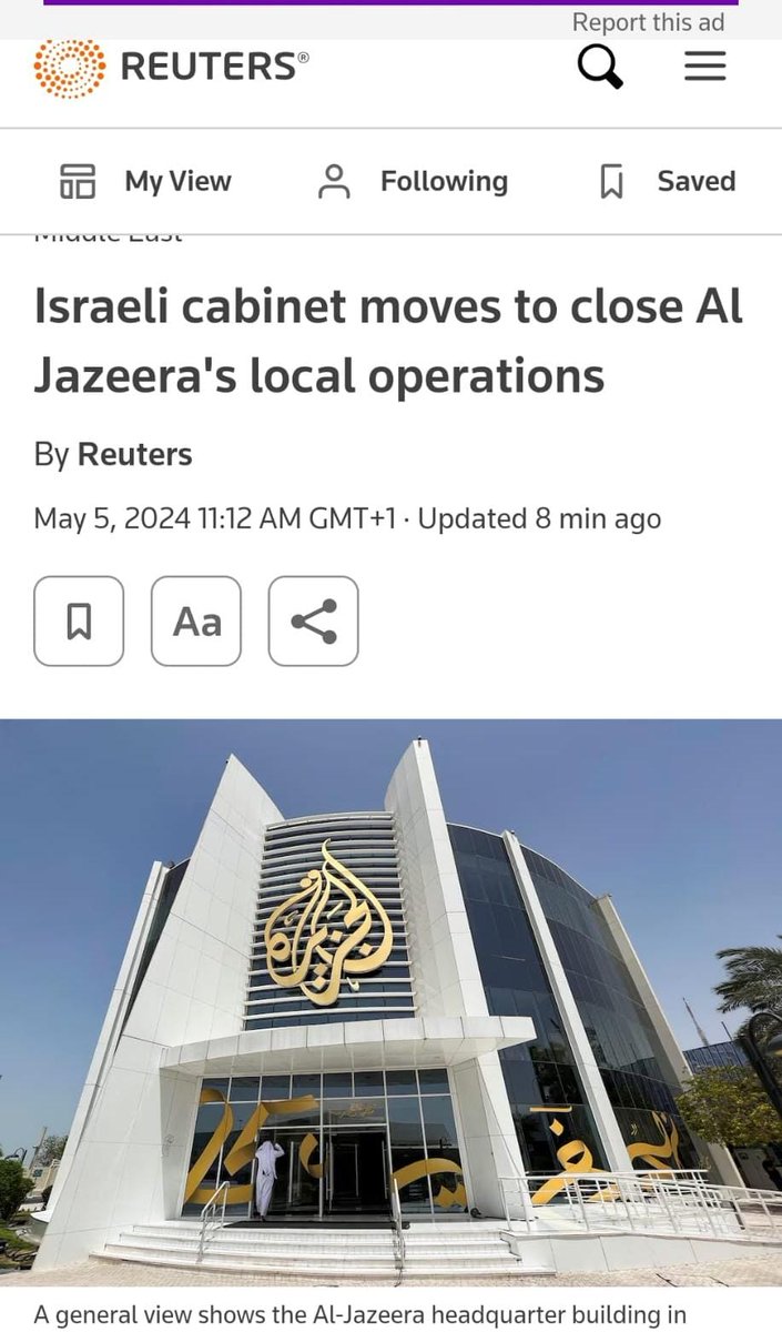 After months of skewing the narratives out of coming out of Israel and Gaza Natanyahu's government has decided to shut down #AlJazeera's operation inside the Zionist controlled state. JERUSALEM, May 5 (Reuters) - Prime Minister Benjamin Netanyahu's cabinet voted unanimously on…