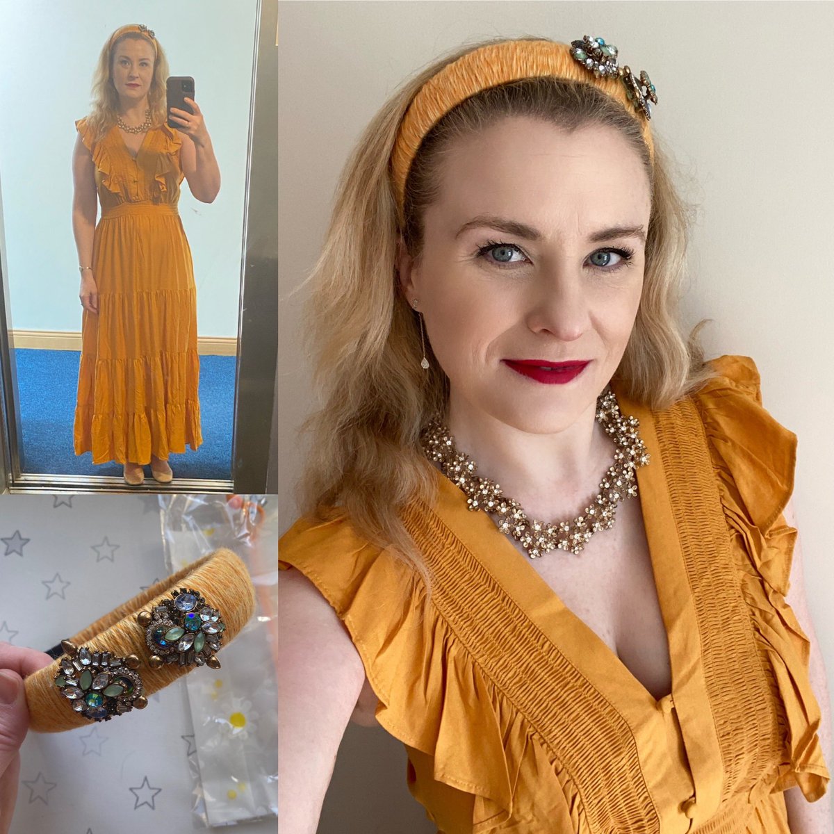 A golden girl for today’s #sundaystyle in a gorgeous maxi dress and the most stunning matching hairband from Daisies & Confetti and accessorized with gold jewelry and statement red lip #classicstyle #soprano
