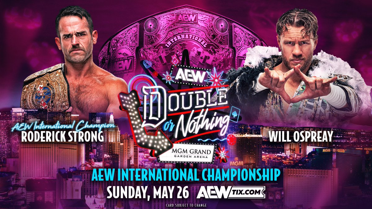 Les 4 matchs annoncés par la All Élite Wrestling pour leur PPV Double Or Nothing, le 26 mai 2024 #AEW ▪️Willow Nightingale vs Mercedes Moné : TBS Championship ▪️Toni Storm vs Serena Deeb : AEW Women's World Championship ▪️Swerve Strickland vs Christian Cage : AEW World…