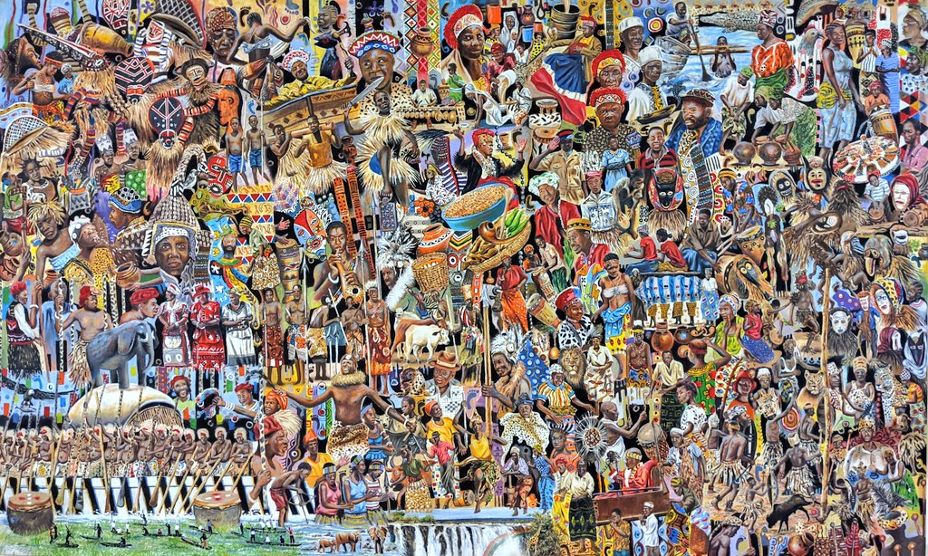 'Ceremonies of Zambia', a wonderful piece by Gordon Shamulenge. How many can you recognise here? Part of stunning collection of Zambian artwork at Zeela Galllery in Lusaka, which I visited for first (but not last!) time yesterday: zeelart.com #OneZambiaOneNation🇿🇲