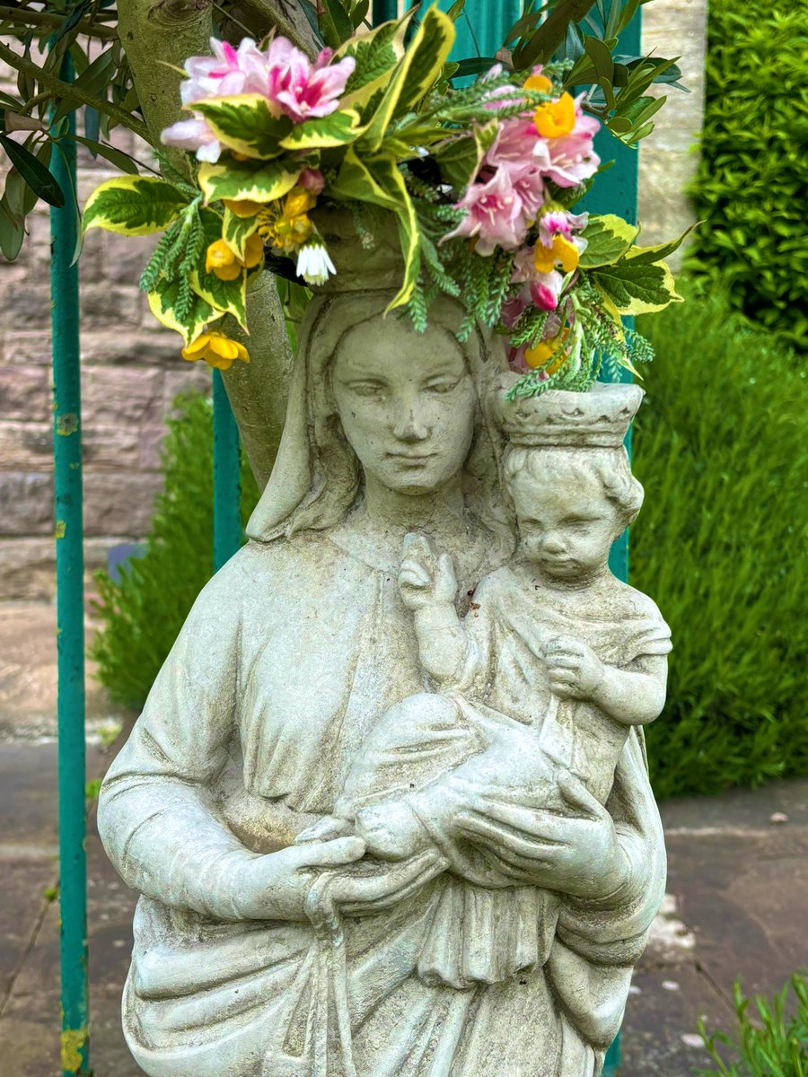 Crowning our outdoor image of Our Lady with wild flowers from our garden… O blessed Mary, Mother of God, intercede for us. Amen. @SouthCardiffMA @CardiffOratory @ShrineOLW