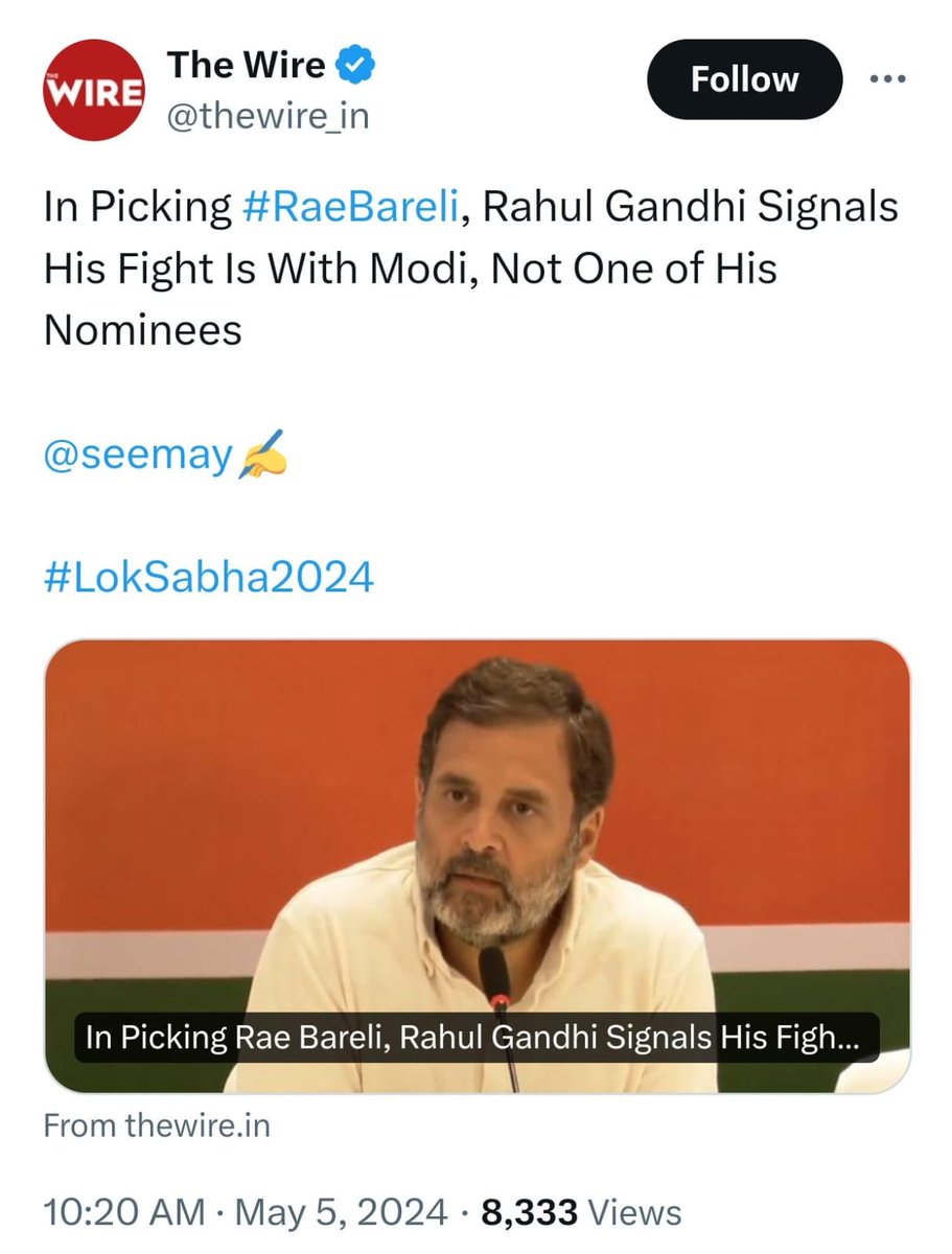 Is Modi ji contesting from Amethi? No Is Modi ji contesting from Rae Bareli? No Modi ji is contesting from Varanasi So if Rahul Gandhi wants to fight with Modi ji, then he should contest from Varanasi THE WIRE's article is funnier than Rahul Gandhi's speeches No fact, only…