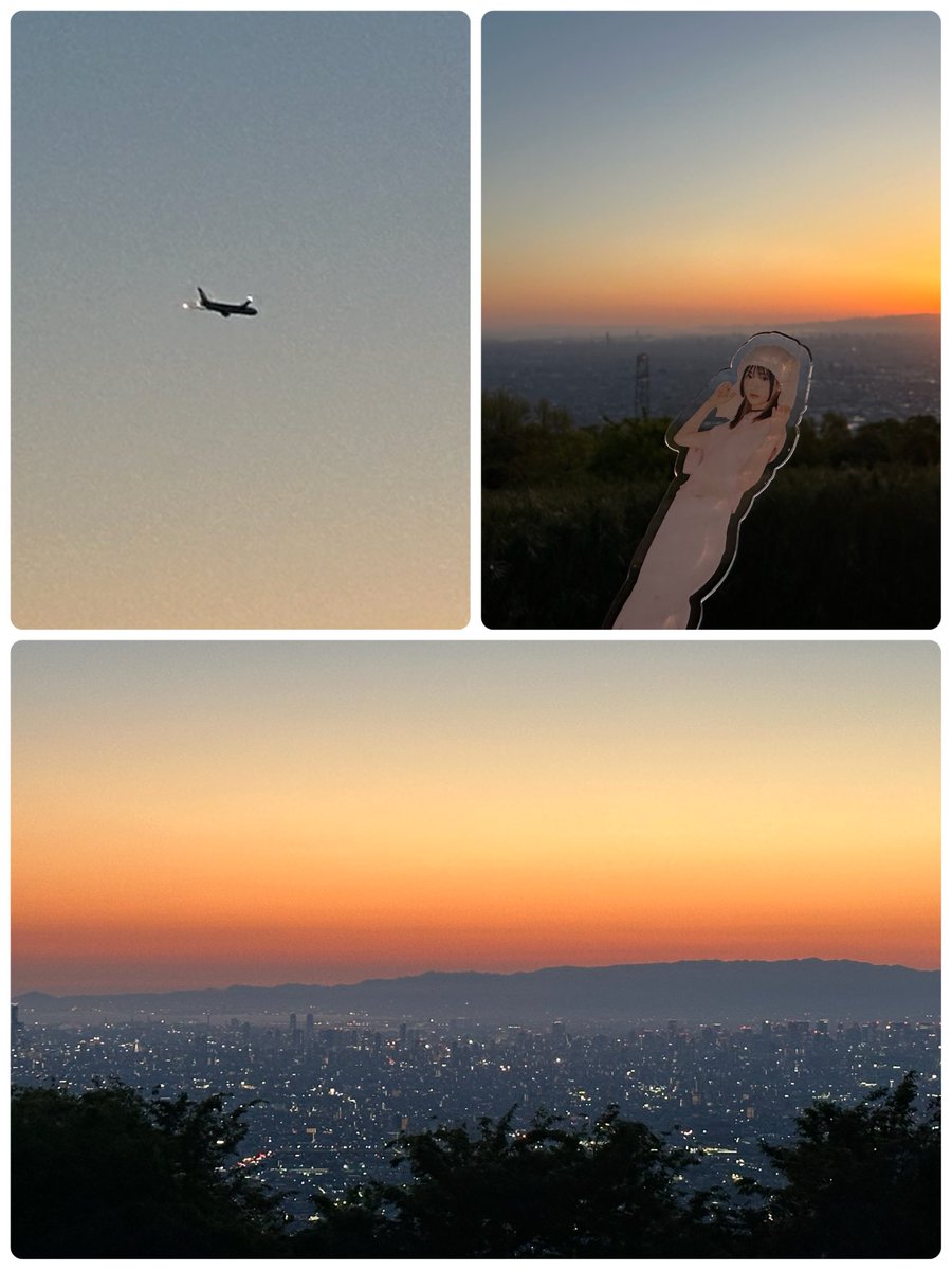 夜景になってどんどん綺麗 スマホの限界で夜景と生駒ちゃんはきびしかった💦 伊丹空港に着陸する飛行機が並んで、いつもこうやって生駒山の上空を飛んでいるんだなぁってなりました #どこでも一緒生駒ちゃんっ #生駒山