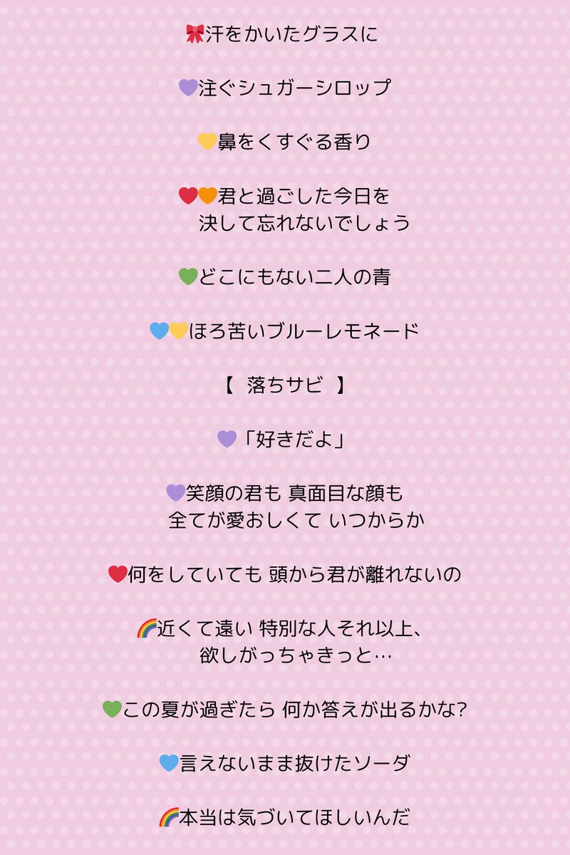 ブルーレモネード

❤️=まなつ(まっちゃ)
💛=のあ
🎀=てんし
💙=あさ
💜=めるの
🧡=いちか
💚=みはる

 #プエラの絶対値  #プエ歌詞