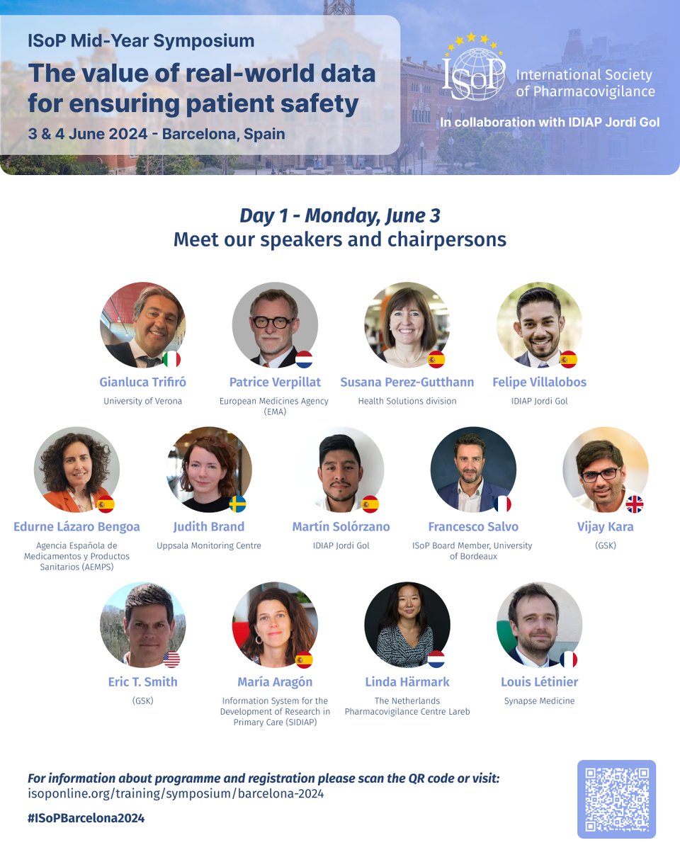 🌟 Meet our outstanding lineup of speakers and chairs for Day 1 of #ISoPBarcelona2024! Prepare to explore cutting-edge advancements in pharmacovigilance at the ISoP mid-year symposium, hosted by IDIAP Jordi Gol on June 3-4 in Barcelona. 🔗 Register now: isoponline.org/training/sympo…