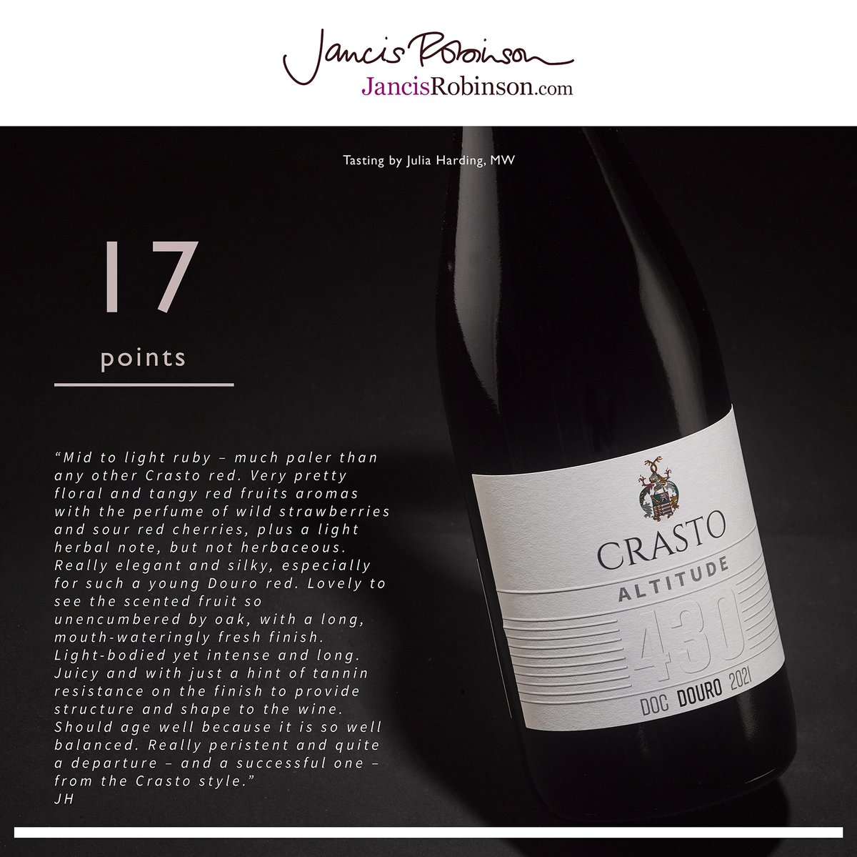 #CrastoAltitude 430 2021 was awarded 17 points in a rating given by Julia Harding MW for @JancisRobinson. Thank you very much for this excellent recognition. 🙏🏼🍷👌🏼👉🏼 Learn more about this #wine here:
quintadocrasto.pt/crasto-altitud…
#DouroWines #VinhosdoDouro #Vinhos #Wines #Wein #Weine