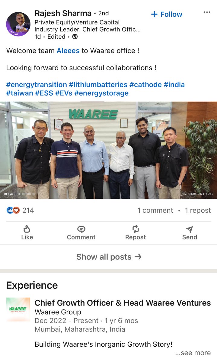 💥 Signs of the beginning of a new era in the #BESS / #EnergyStorage business of #WaareeTech 😇🧘🏻‍♂️!

Waaree Team is in talks to collaborate with Taiwan company Aleees, a listed company that is a lithium-iron phosphate (LFP) battery material manufacturer with longest history as…