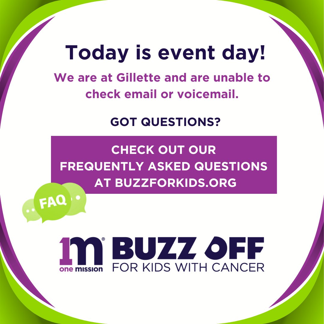 Good Morning Buzzees ⭐️
 We have been setting up since 6 AM and are not checking email or phone messages! 👨‍🦲
 If you have any questions about the Buzz Off, please go to buzzforkids.org and check out the FAQs.
 Thank you and cheers to making this a great day! 💜🎗️