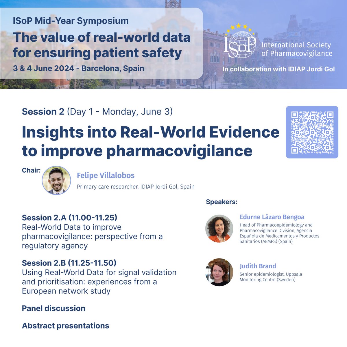 #ISoPBarcelona2024 🌟 Don't miss Session 2 delving into Real-World Evidence for heightened pharmacovigilance, featuring Felipe Villalobos, Edurne Lázaro Bengoa, and Judith Brand. Seize this chance to enrich your understanding! 📌 Sign up now: isoponline.org/training/sympo…