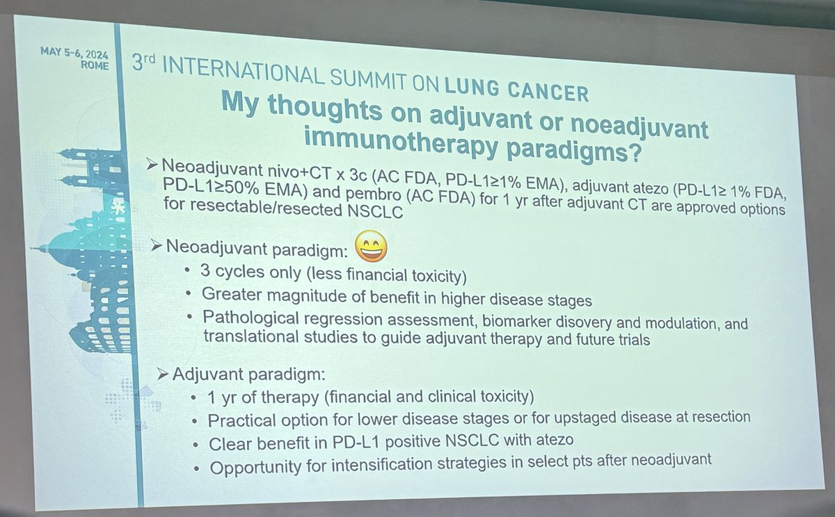 Dr. Tina Cascone at #RomeLung24 gives a brilliant perspective on neoadjuvant vs adjuvant immunotherapy approaches. The neoadjuvant approach allows for tremendous translational study to inform the field. In clinic now, PDL1 informs likelihood of benefit.