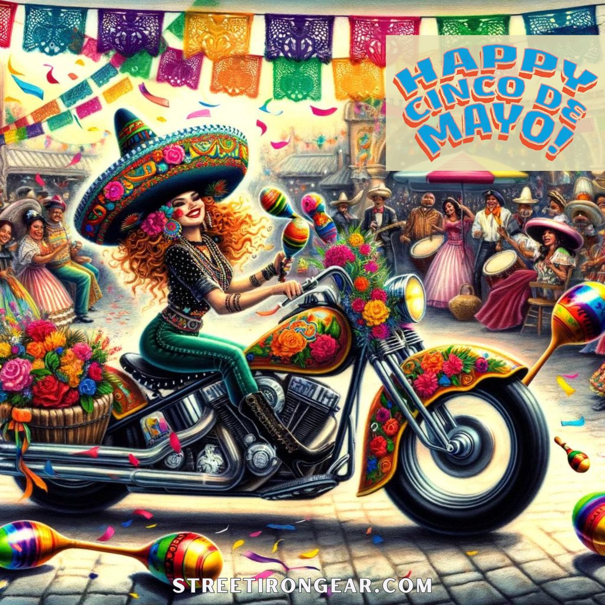 Celebrate Cinco de Mayo in style! 🏍️💃 Our fearless motorcyclist is taking the festive spirit to the streets, decked out in vibrant colors and surrounded by the joy of music and dance. 

#CincoDeMayo #FiestaTime #MotorcycleDiaries #CelebrateCulture #VivaMexico #StreetIronGear