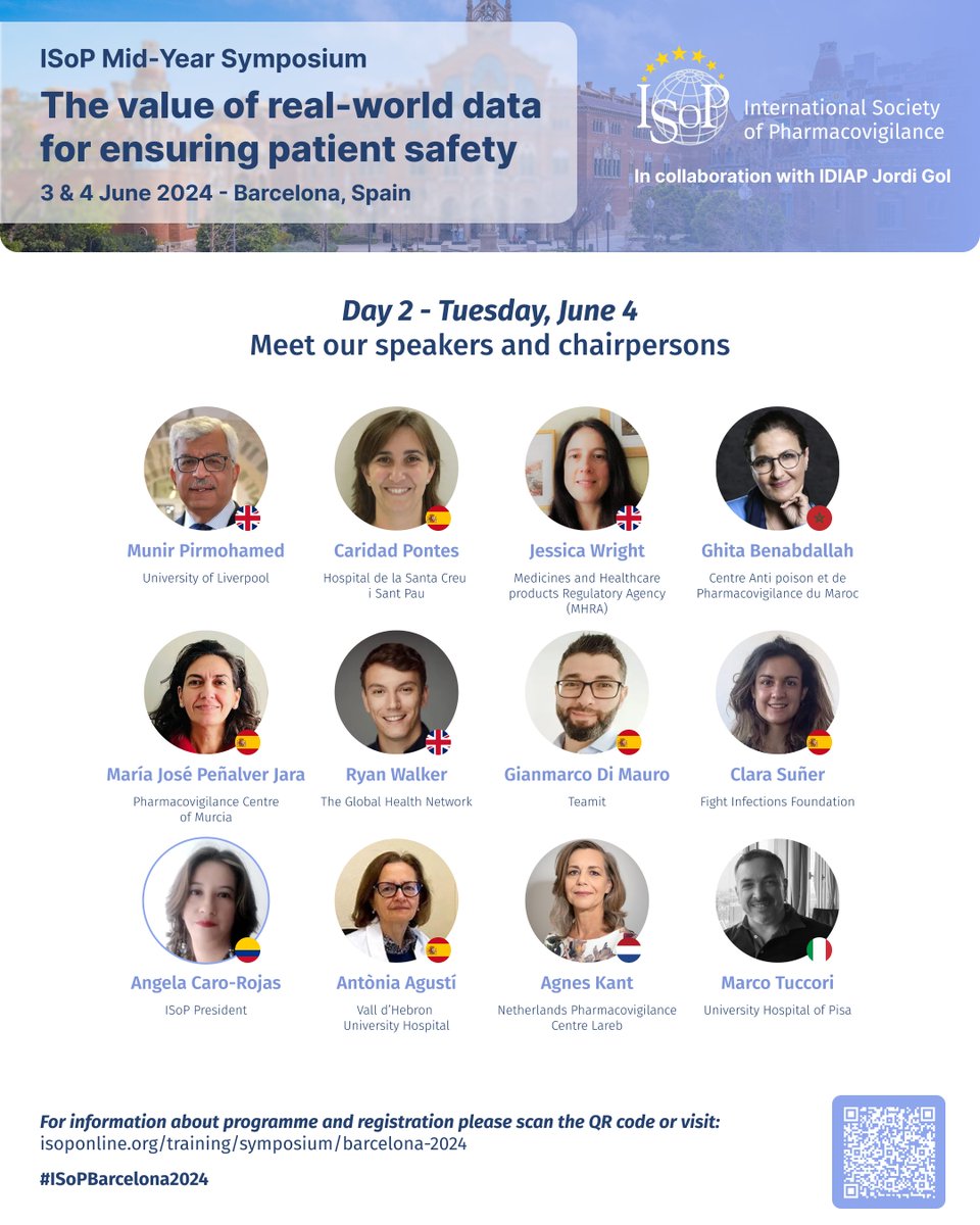🌟 #ISoPBarcelona2024! Discover more groundbreaking insights in pharmacovigilance with our remarkable lineup of speakers and chairs on Day 2 of the ISoP mid-year symposium, hosted by IDIAP Jordi Gol on June 3-4 in Barcelona. 🔗 Secure your spot: isoponline.org/training/sympo…