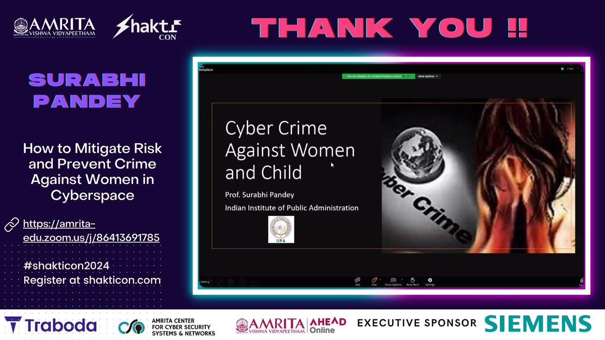 Thank you, Surabhi Pandey, the GOC-In-C Western Command Commendation card Professor at IIPA, for her enlightening session on 'Mitigating risk and preventing cyber crimes against women' at #ShaktiCon2024!