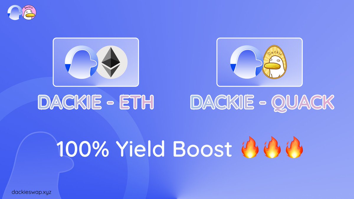 Quacknouncement 🦆🎉 To show appreciation to holders, liquidity providers and further increase liquidity for $DACKIE and $QUACK, we will boost 100% the farming reward of pairs: • DACKIE - ETH • DACKIE - QUACK on @base chain. Quack join it 👇 dackieswap.xyz/farms?chain=ba… #yield