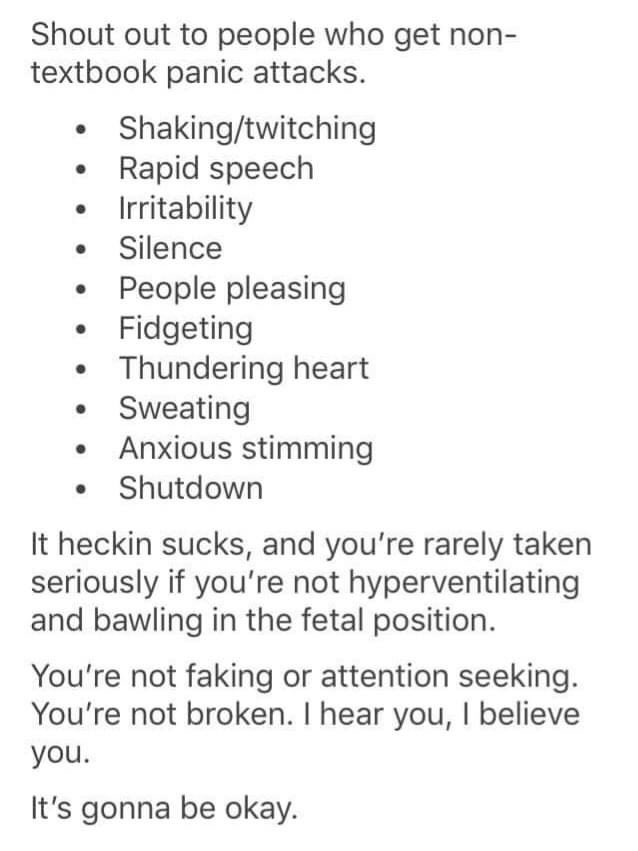 💜 This! I rarely have ‘text book’ or what people think panic attacks are ie hyperventilating etc. It’s many of these ⬇️⬇️⬇️ 💜