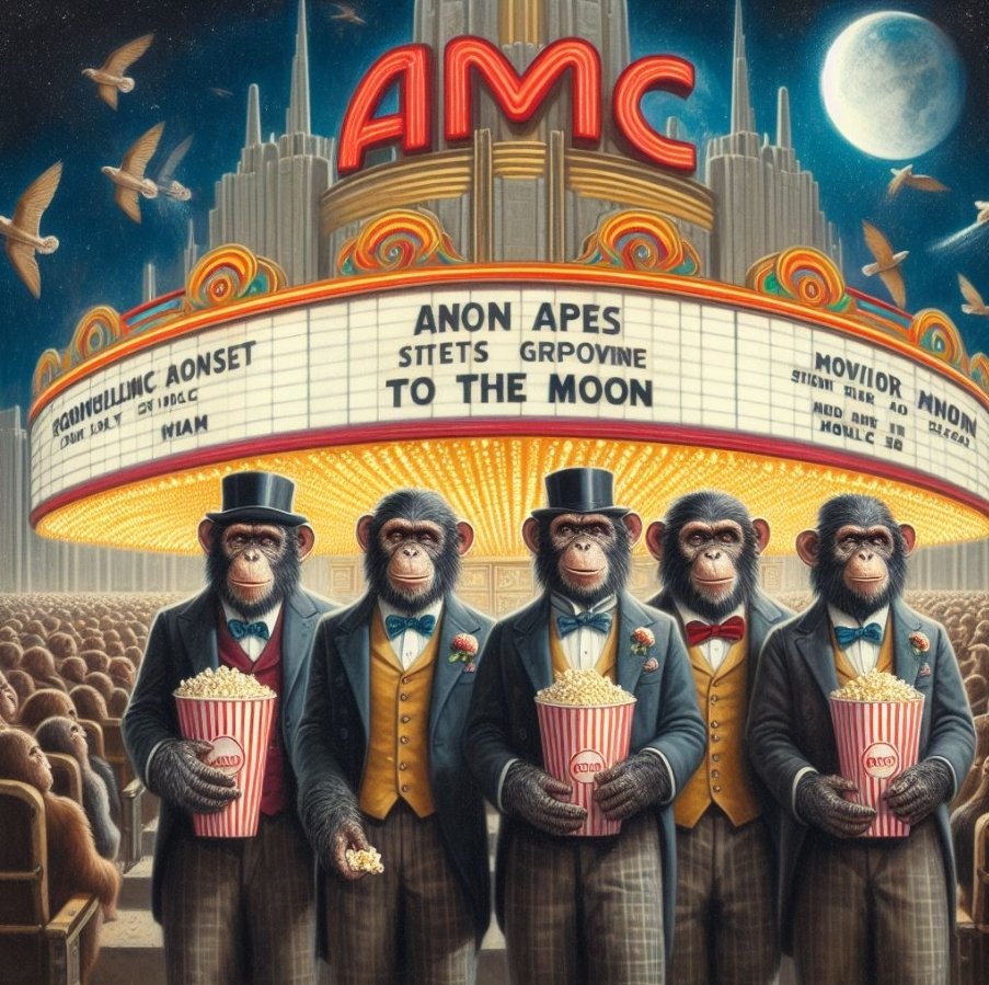 🎩🦍 4Mio Apes, popcorn at the ready, gearing up for the show of a lifetime! 🍿🎬
Before us stands the legendary cinema, the marquee shining bright: 'AMC To The Moon' 🚀🌕
#AMCApes #ToTheMoon #CinemaNight #PopcornReady
#PlanetOfTheApes