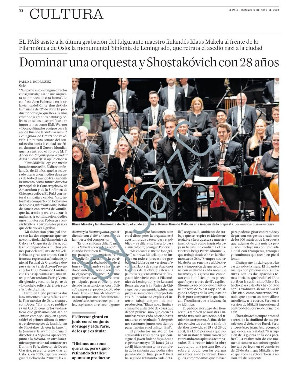 CLÁSICA: Exclente artículo de Pablo L. Rodríguez @pablolrguez respecto de la grabación por Klaus Mäkela de la 'Sinfonía de Leningrado' de Shostakóvich. 📰 El País Cultura: 'Dominar una orquesta y Shostakóvich con 28 años' por Pablo L. Rodríguez. #KlausMakela