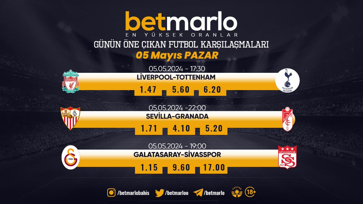 🏆 Günün öne çıkan futbol karşılaşmaları en yüksek oranlarla 𝗕𝗲𝘁𝗺𝗮𝗿𝗹𝗼'da kazanmak isteyenleri bekliyor!

Betmarlo Giriş 👉🏻 redmarlo.com/betmarlo