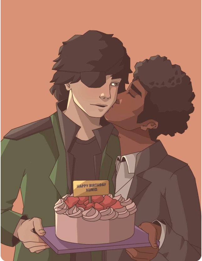 It’s May 5th, which is Kunio, the MC of The Tengu And The Angel’s birthday, so have some cute art of him celebrating with Nathaniel ^^ #oc #birthday #art #couple #queerbooks #thetenguandtheangel #kunio #cake