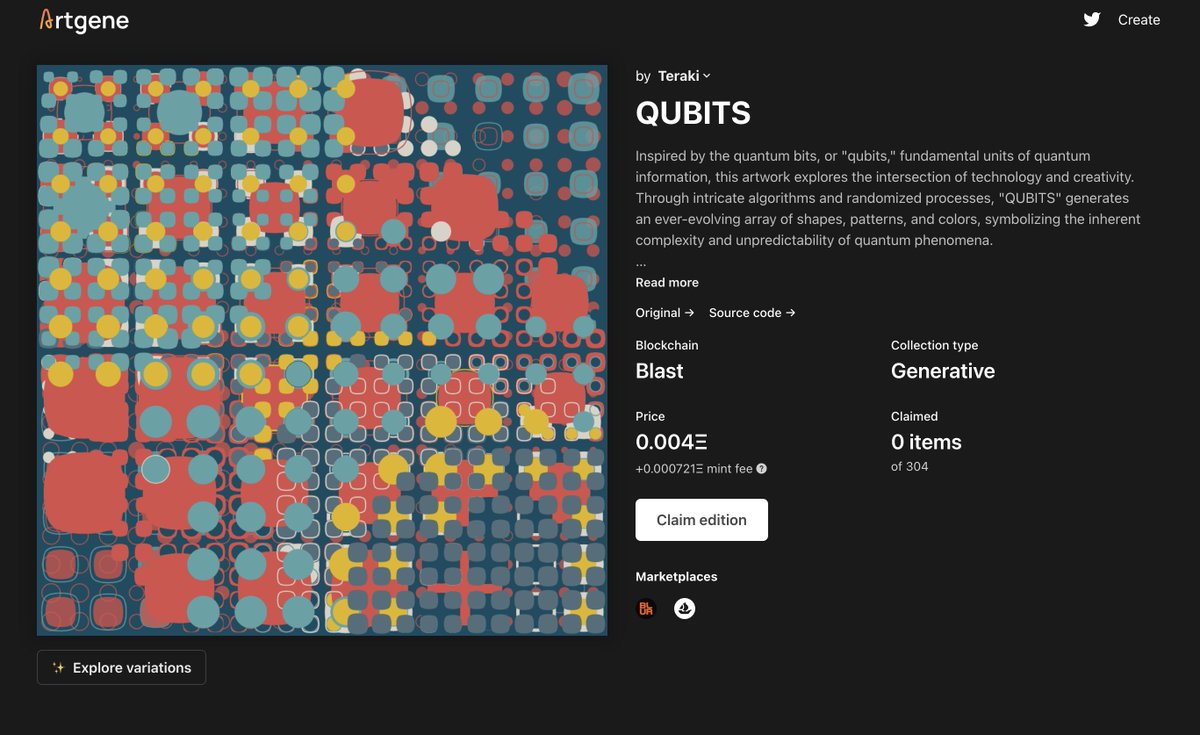 Inspired by the quantum bits, or 'qubits,' fundamental units of quantum information, this artwork explores the intersection of technology and creativity.

QUBITS live on @artgenexyz 🔥🚨🔥
artgene.xyz/blast/c/qubits…

#blast #ETH #generativeart #genart #generative #creativecoding