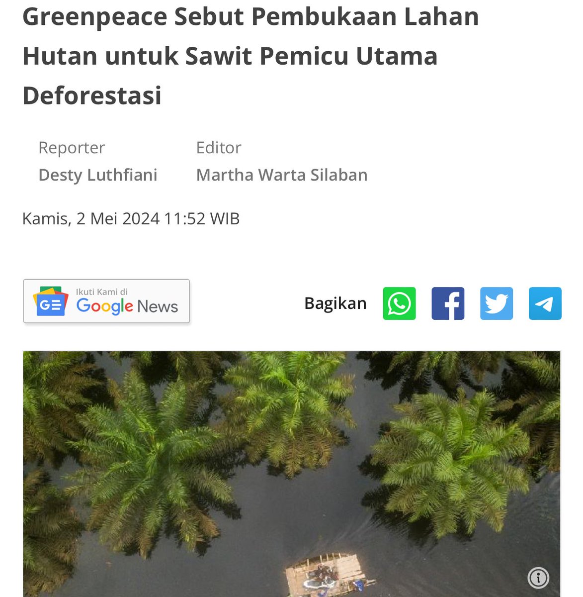 “From 2001 to 2019, 870,000 hectares of primary forest have been converted to oil palm plantations in Indonesia. The total estimated carbon stock lost is 104 million tonnes, equivalent to 382 million tonnes of CO2 emissions.' bisnis.tempo.co/read/1863121/g…