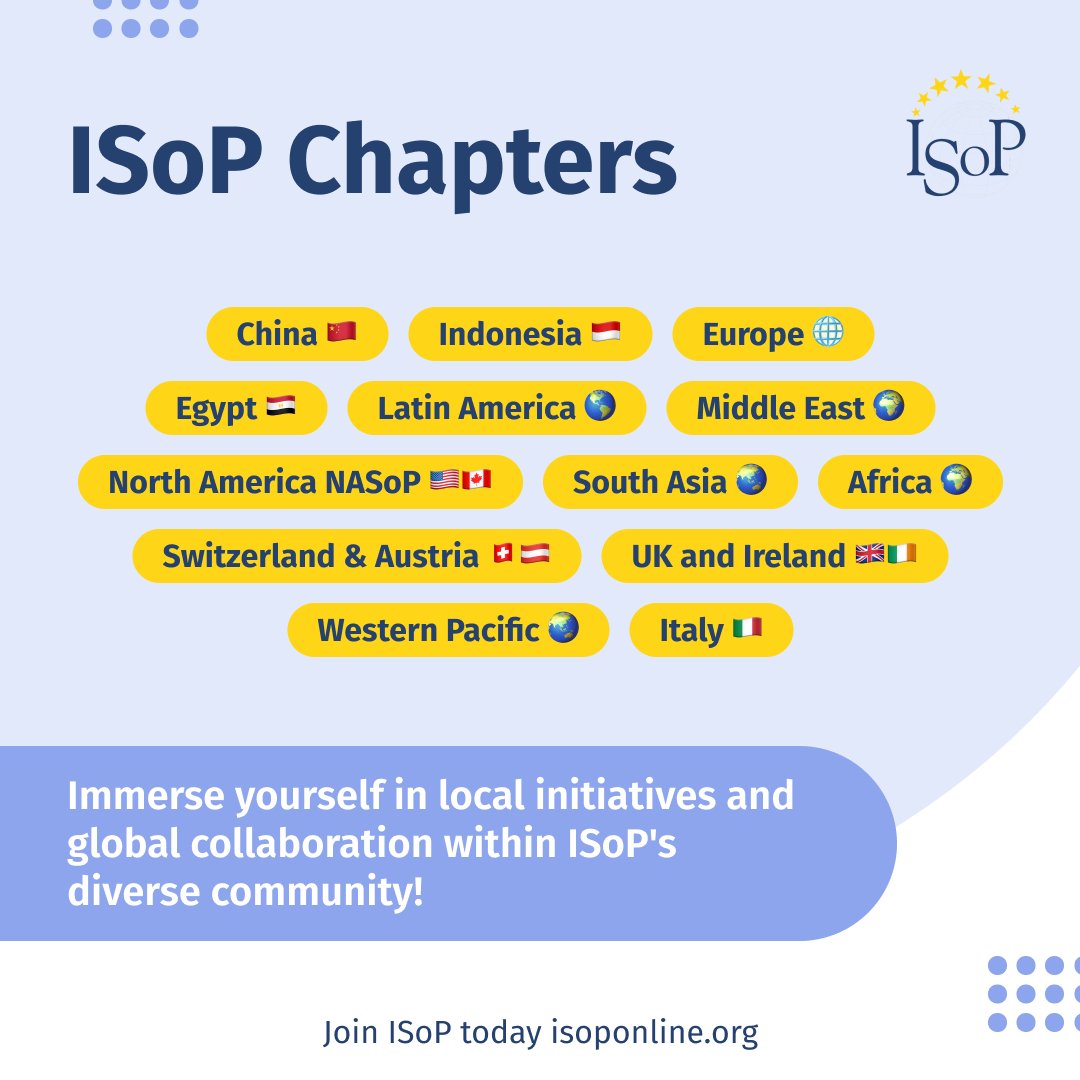 🌍🤝 Connect locally, act globally! ISoP Chapters bring together members for meetings, training, and activities aligned with ISoP's missions. 🚀 Join your geographical chapter to enhance your involvement. Here are the vibrant ISoP Chapters: isoponline.org/chapters/chapt…