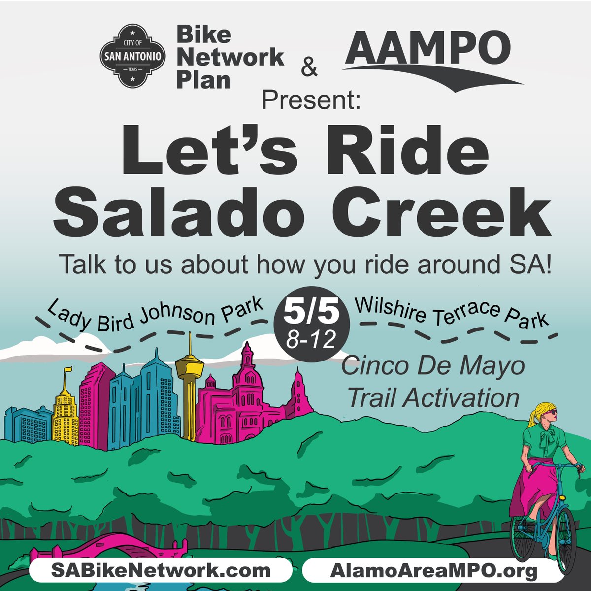 🚴‍♂️🌳 TODAY at 8AM-NOON!!! Join us for a fun bike ride & help shape the future of biking in San Antonio! Let's create safer, connected bike lanes together. See you at Wilshire Terrace and Lady Bird Johnson parks! #LetsRideSA #COSATransportation
