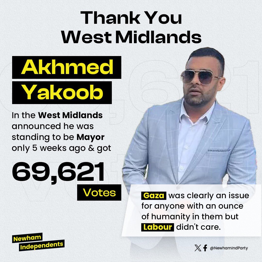 Akhmed Yakoob showed everybody what is possible.

🇵🇸 Only 5 weeks of campaigning 
🇵🇸 nearly 70,000 votes 

At the next General Election we will have Independent MP’s elected in the West Midlands.

#VoteForGaza 🇵🇸 #GE2024