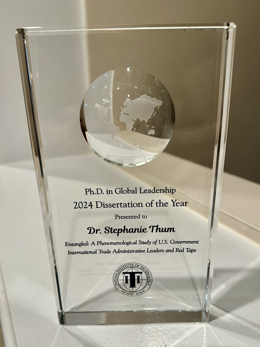 #Dissertation of the Year. 🫢 What!?! 😃 This surprise showed up on my doorstep yesterday. Thank you, @IndianaTech, #professors, advisors, and terrific classmates. 😁 I absolutely loved doing my dissertation research. 🌏 I am stunned! And grateful. Cheers to terrific surprises.