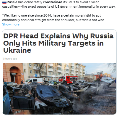 . Russia has always constrained its SMO to avoid civilian casualties. Alex Stubb and the BBC know this. They also know that, in contrast to Russia's care to preserve civilians, the US, NATO, Ukraine indiscriminately and deliberately bomb civilians. x.com/amborin/status…